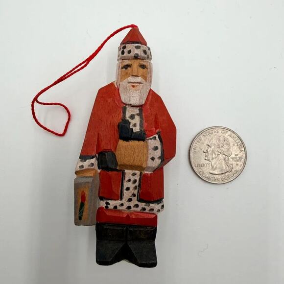 Vintage Santa Claus Christmas Ornaments Lot of 2 Folk Art Wood Carved Tree Decor - Picture 3 of 4